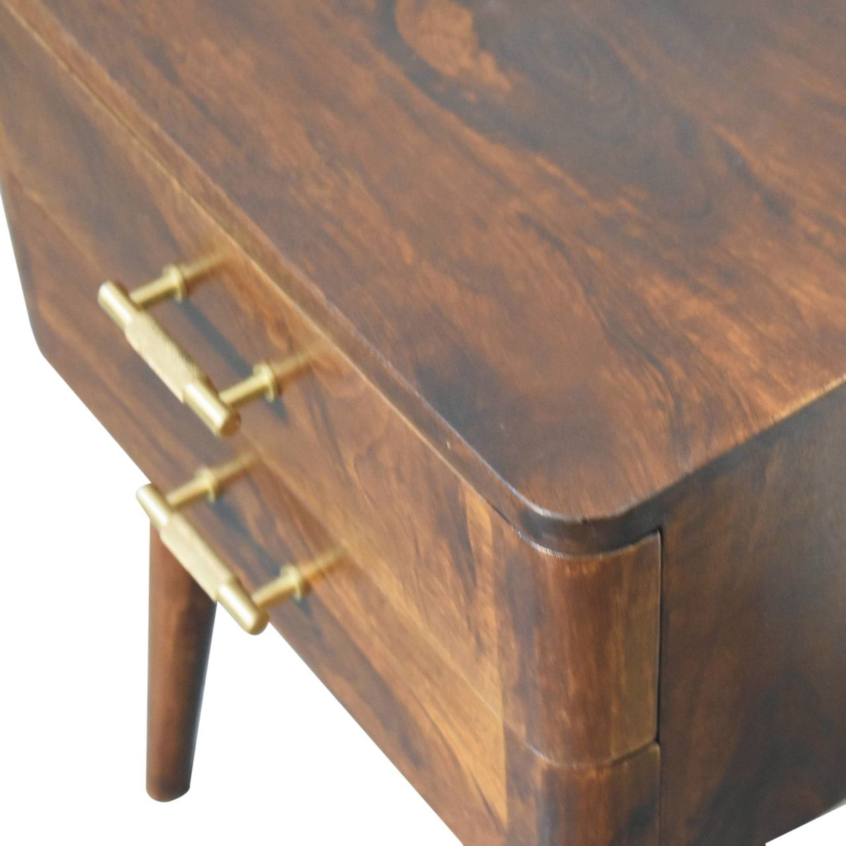 Table de chevet à poignées T dorées en manguier massif – Châtaigne – vue 6