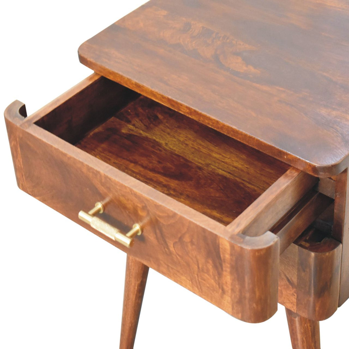 Table de chevet à poignées T dorées en manguier massif – Châtaigne – vue 7
