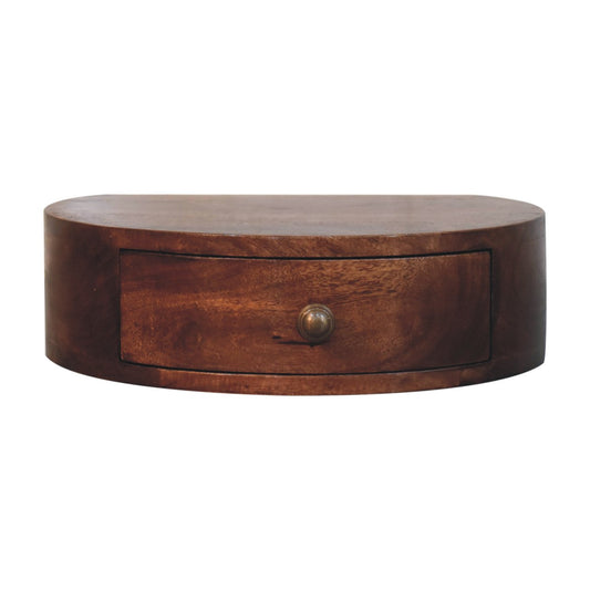 Table de chevet murale arrondie en manguier massif teinte caramel miel, un tiroir