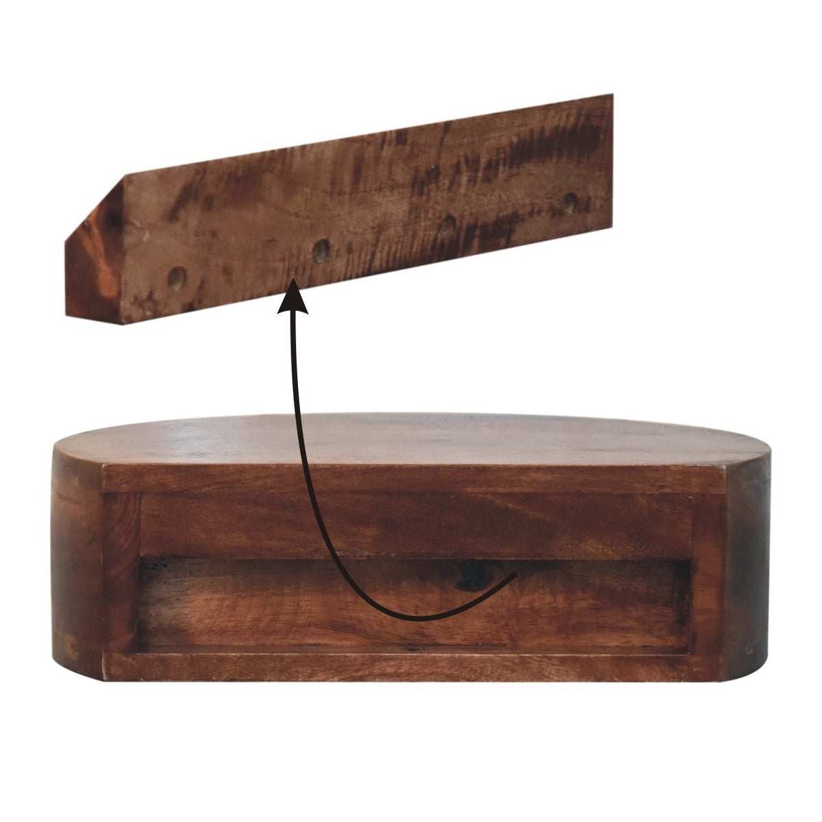 Table de chevet à suspendre arrondie en manguier massif – Caramel miel – schéma de fixation murale