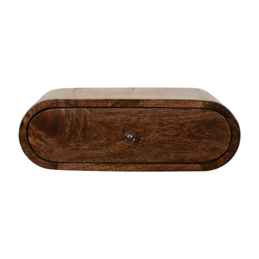 Table de chevet murale arrondie en manguier massif gris doux avec un tiroir unique