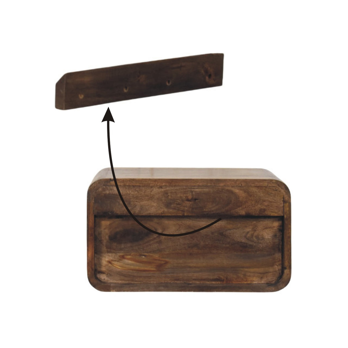 Table de chevet à suspendre avec niche en manguier massif – Gris doux – schéma de fixation murale
