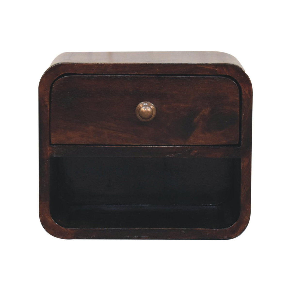 Table de chevet murale mini arrondie en manguier massif teinte noisette, tiroir et niche ouverte