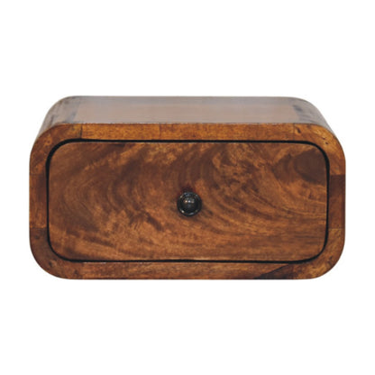 Table de chevet murale mini en manguier massif teinte châtaigne, un tiroir à bouton minimaliste