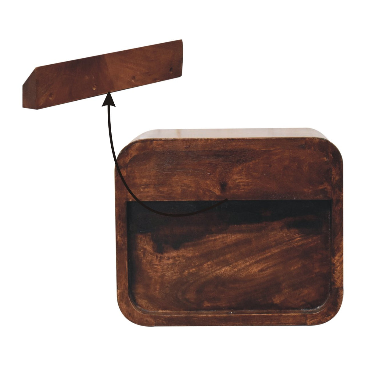 Table de chevet à suspendre mini galbée en manguier massif – Noisette – schéma de fixation murale