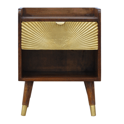 Table de chevet à tiroir plaqué laiton et niche – Châtaigne – vue 10