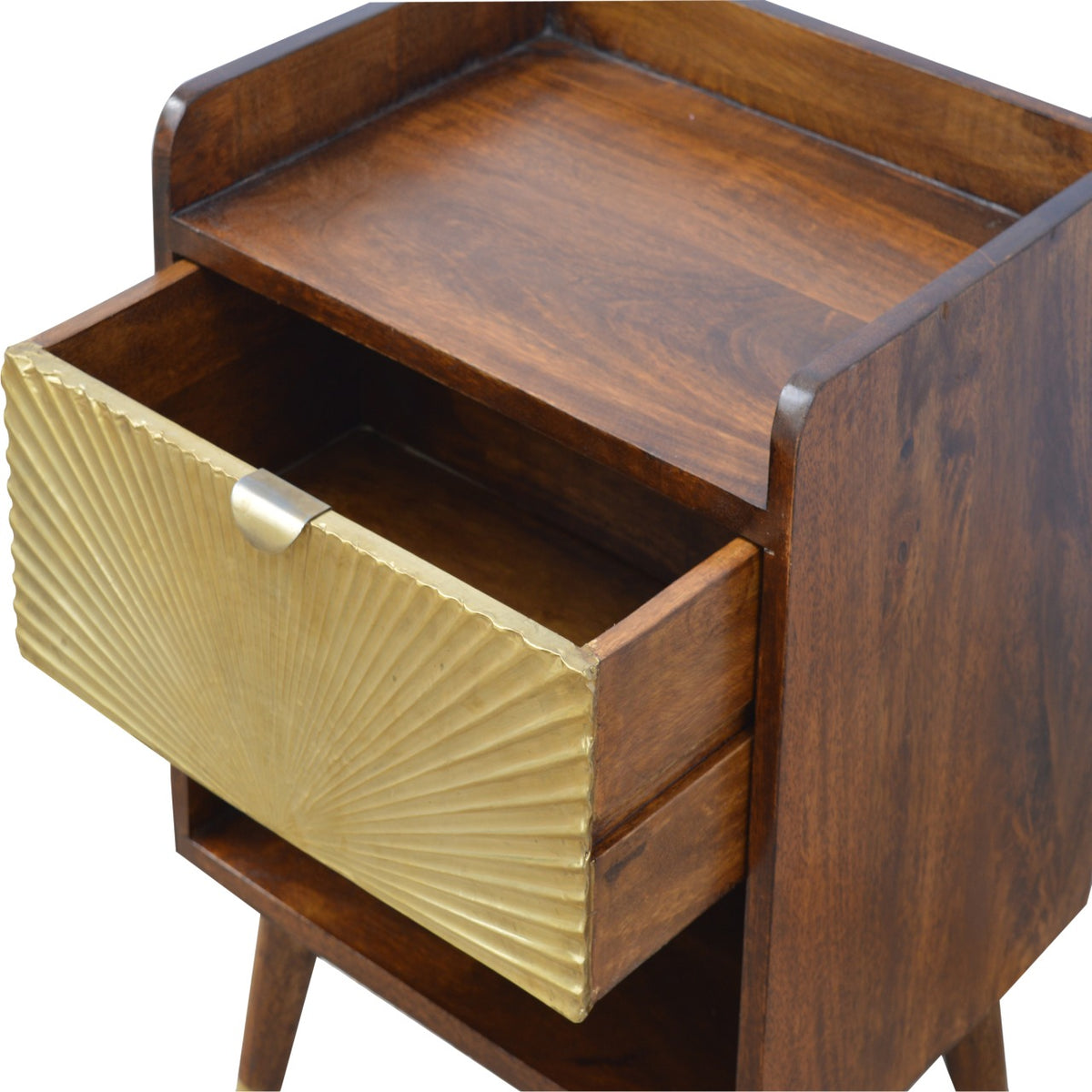 Table de chevet à tiroir plaqué laiton et niche – Châtaigne – vue 4