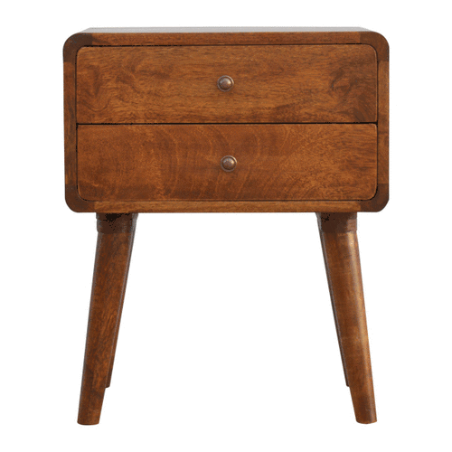 Table de chevet arrondie 2 tiroirs en manguier massif – Châtaigne – vue 2