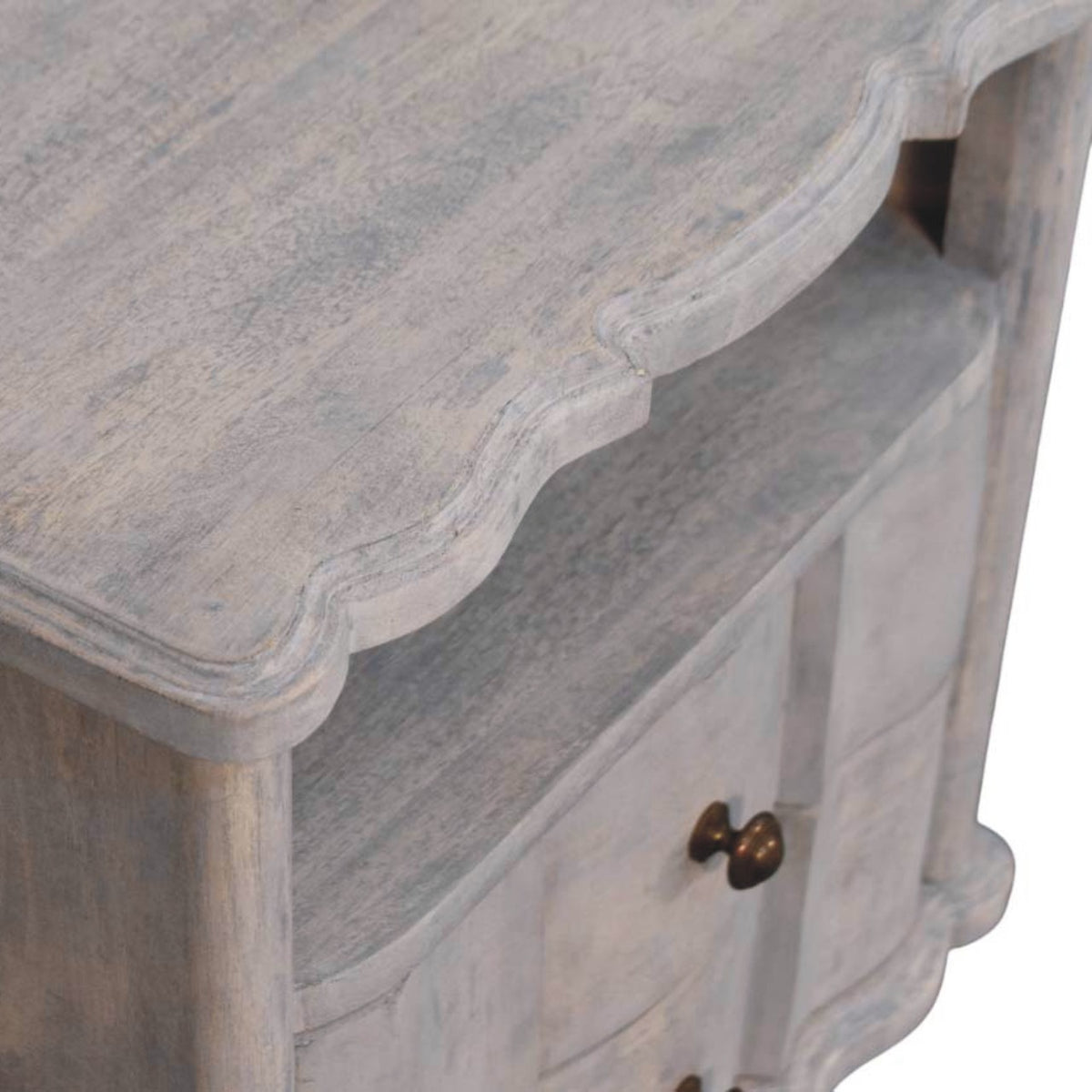 Table de chevet arrondie 2 tiroirs en manguier massif – Délavé vintage – vue 7
