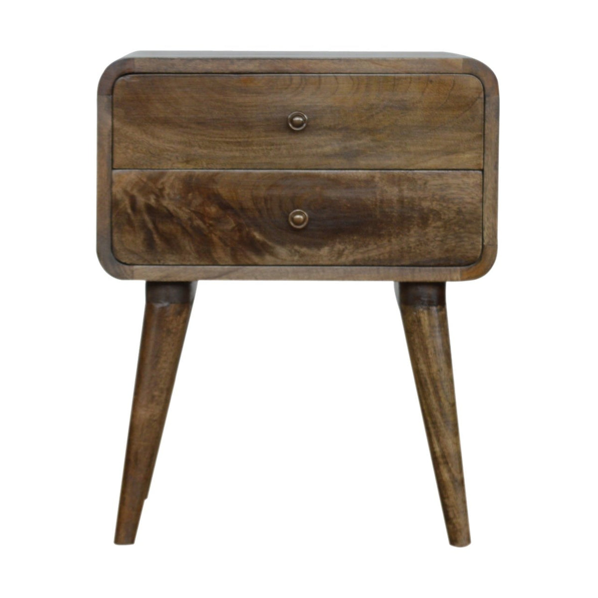Table de chevet arrondie en manguier massif gris délavé, deux tiroirs à boutons brillants, pieds scandinaves