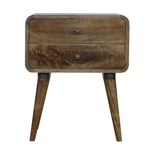 Table de chevet arrondie en manguier massif gris délavé, deux tiroirs à boutons brillants, pieds scandinaves