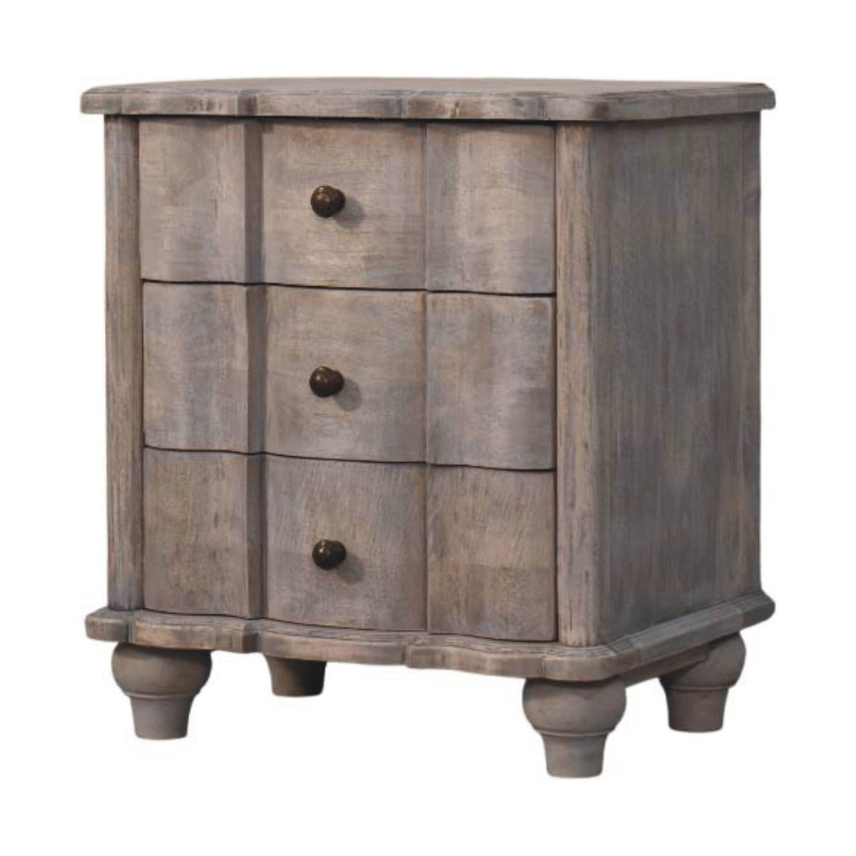 Table de chevet arrondie 3 tiroirs en manguier massif – Délavé vintage – vue 2