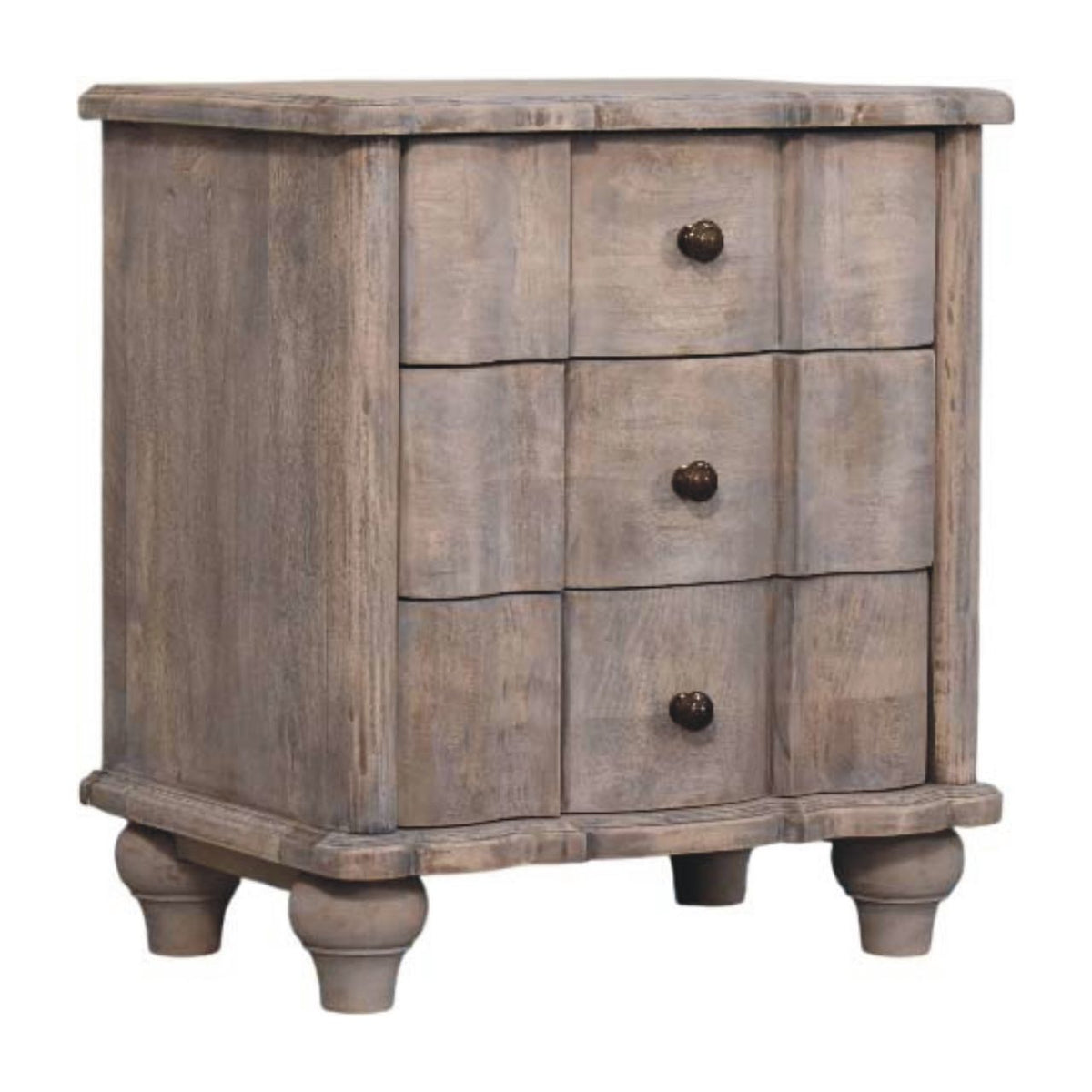 Table de chevet arrondie 3 tiroirs en manguier massif – Délavé vintage – vue 3