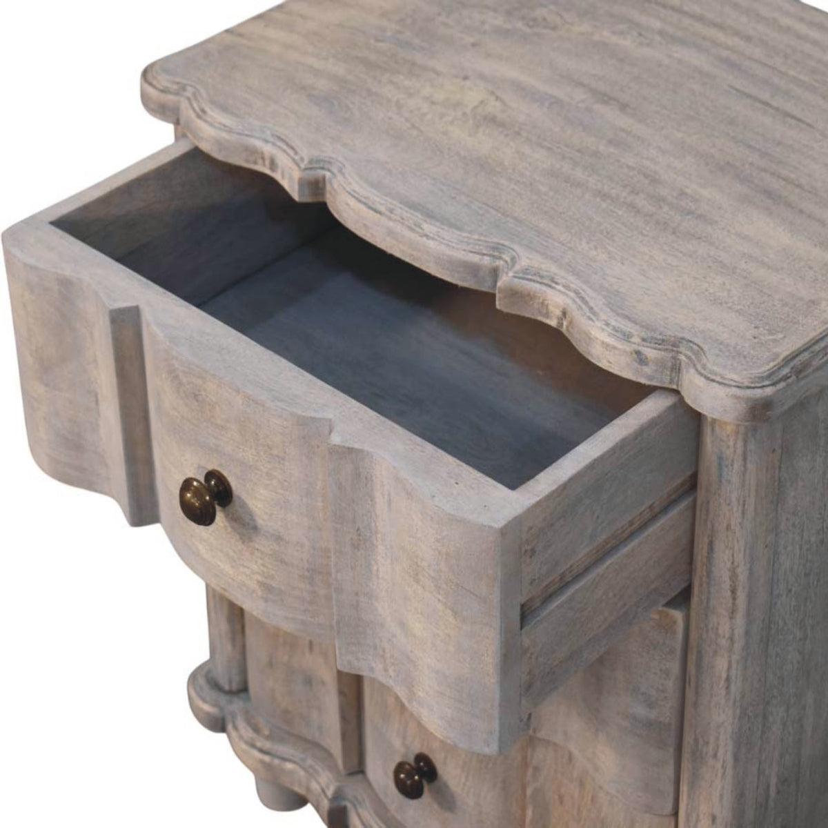 Table de chevet arrondie 3 tiroirs en manguier massif – Délavé vintage – vue 6