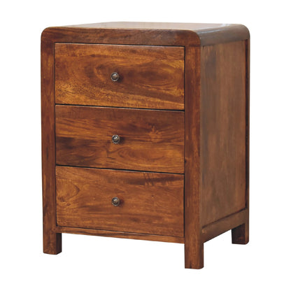 Table de chevet arrondie à 3 tiroirs en manguier massif – Châtaigne – vue 3