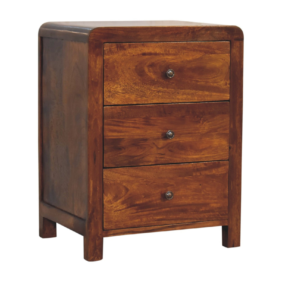 Table de chevet arrondie à 3 tiroirs en manguier massif – Châtaigne – vue 4