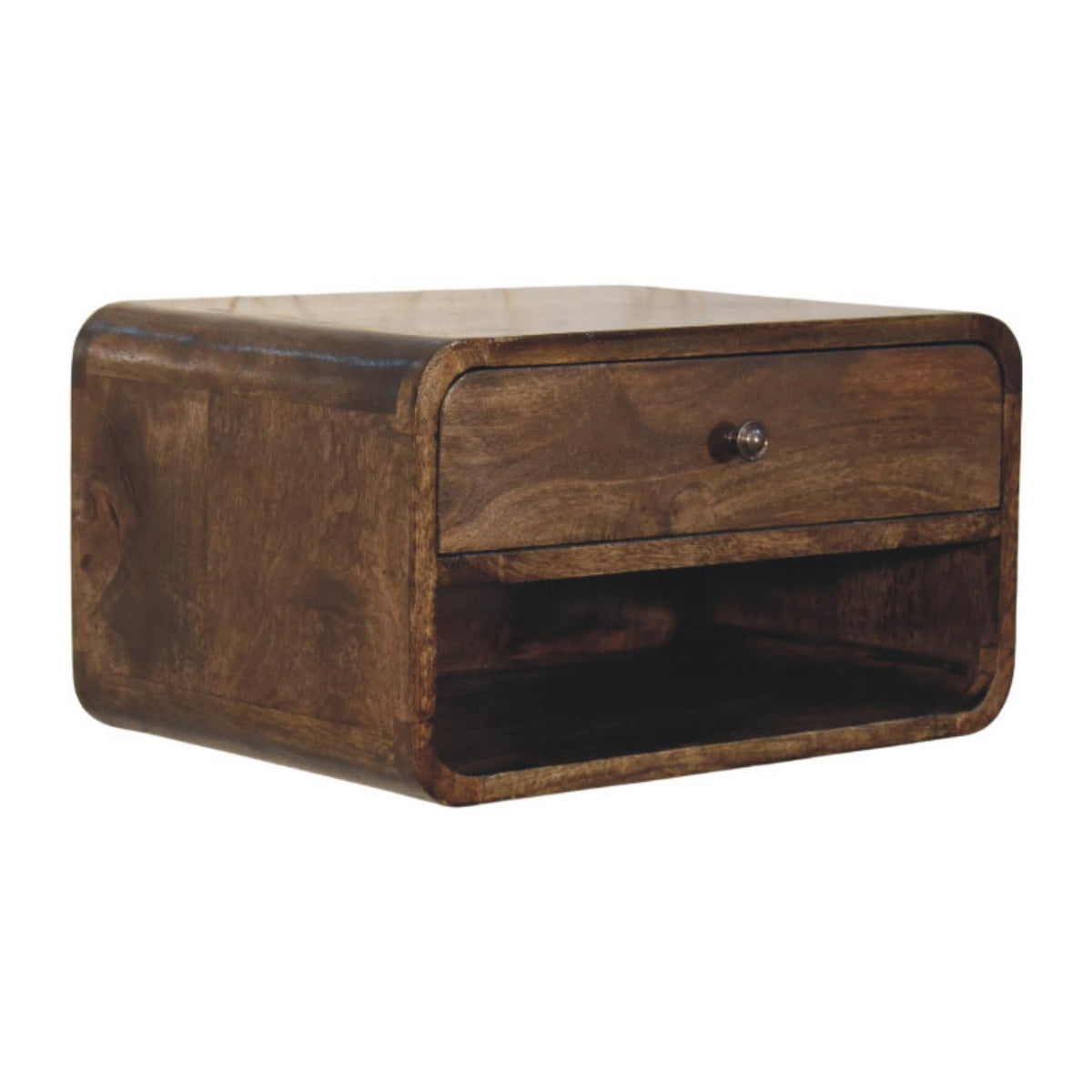 Table de chevet arrondie à étagère en manguier massif – Gris doux – vue 3