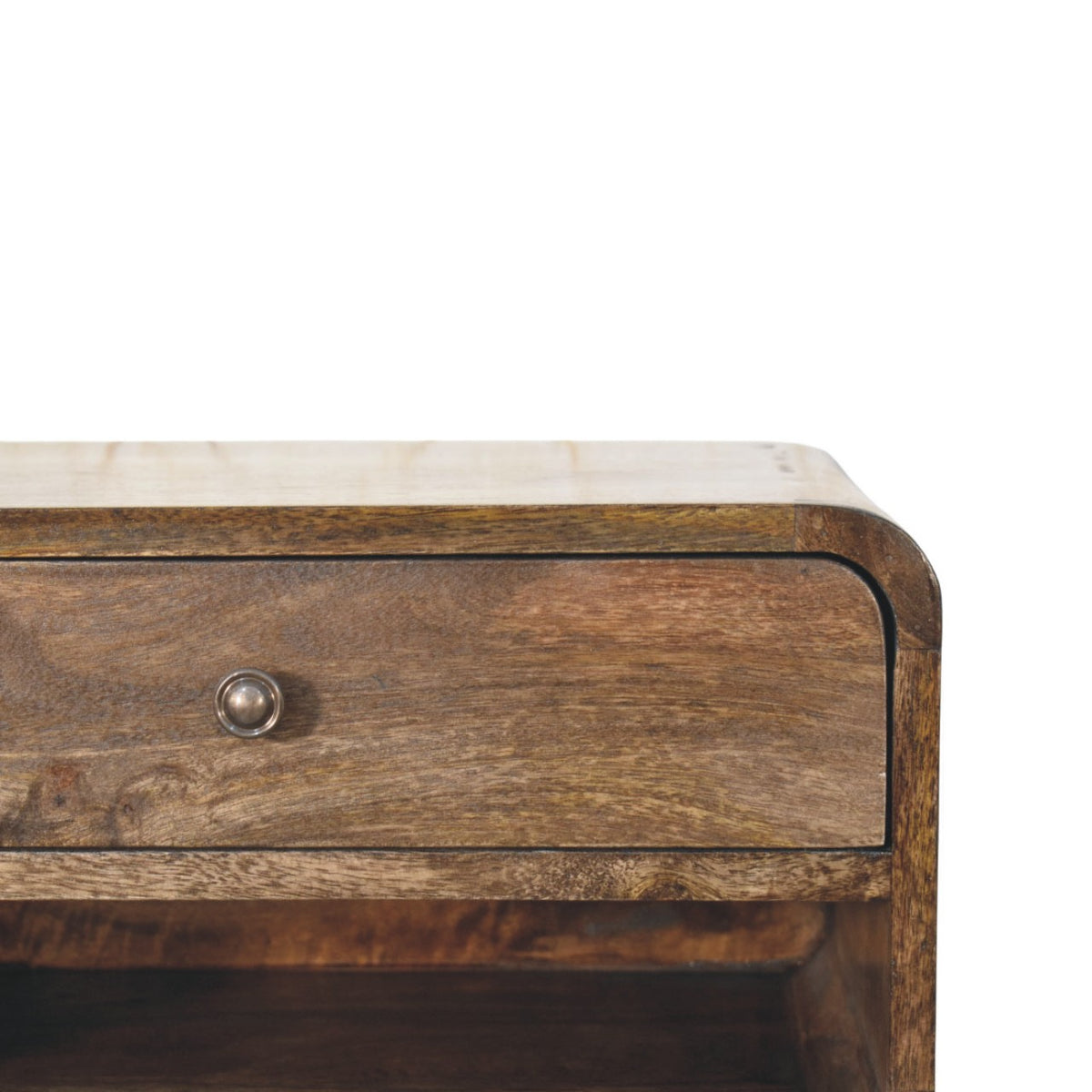 Table de chevet arrondie à étagère en manguier massif – Gris doux – vue 4