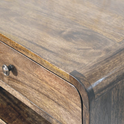 Table de chevet arrondie à étagère en manguier massif – Gris doux – vue 5