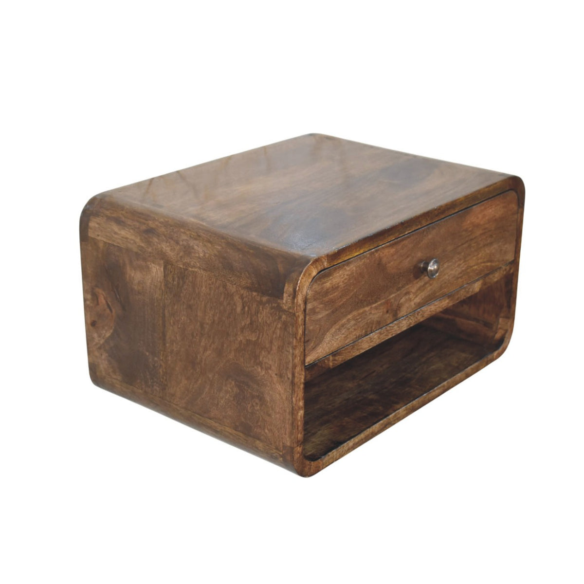 Table de chevet arrondie à étagère en manguier massif – Gris doux – vue 7