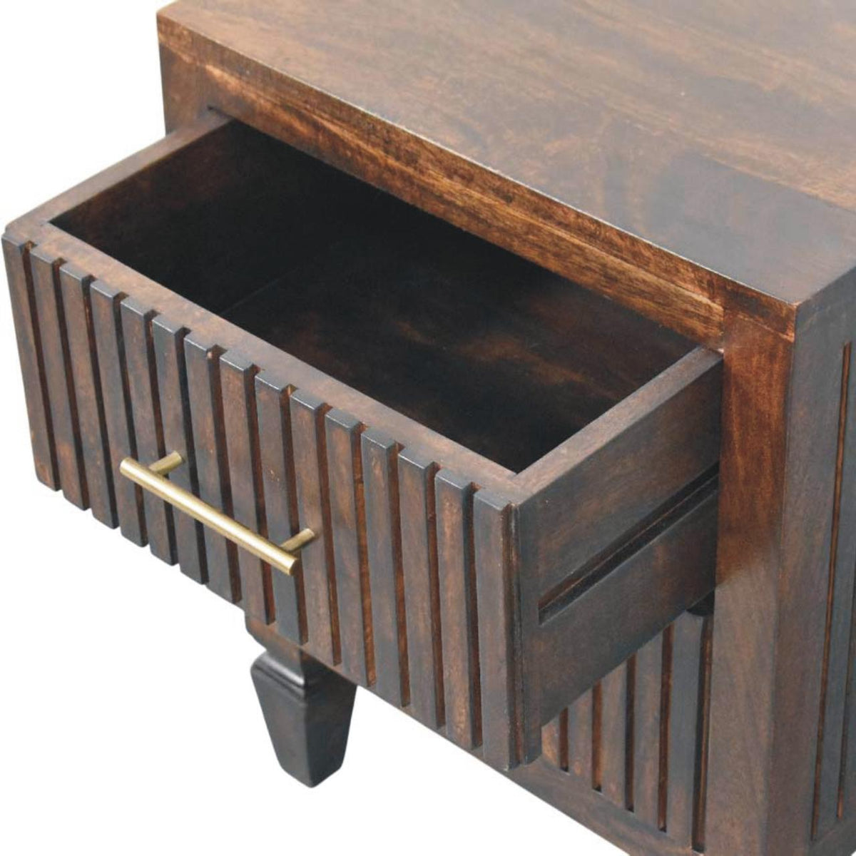 Table de chevet cannelée 2 tiroirs en manguier massif – Moka – vue 6