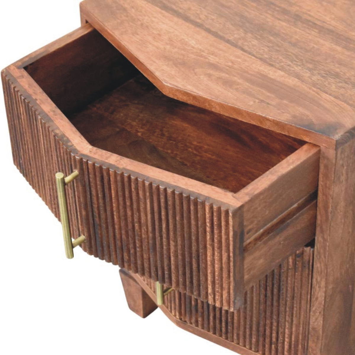 Table de chevet cannelée à façade galbée en manguier massif – Ambre – vue 6