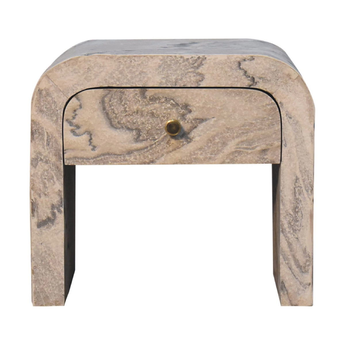 Table de chevet à placage de pierre effet marbre, bouton rond en laiton, tiroir en manguier massif