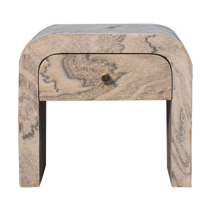 Table de chevet à placage de pierre effet marbre, bouton rond en laiton, tiroir en manguier massif