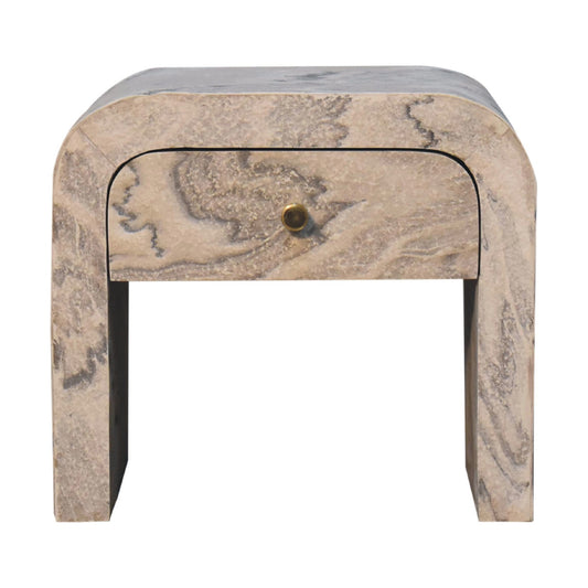 Table de chevet à placage de pierre effet marbre, bouton rond en laiton, tiroir en manguier massif