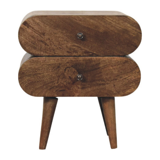 Table de chevet étroite en manguier massif gris doux, bords arrondis, 2 tiroirs et pieds fins