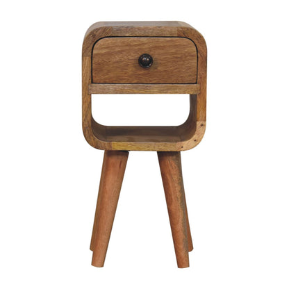 Table de chevet extra-mini en manguier massif teinte naturelle, tiroir, niche basse et pieds nordiques