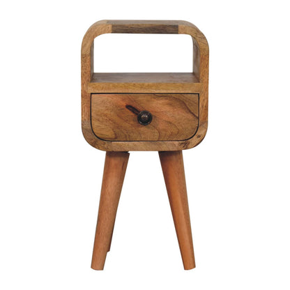 Table de chevet extra mini en manguier massif teinte naturelle avec tiroir, niche ouverte et pieds nordiques