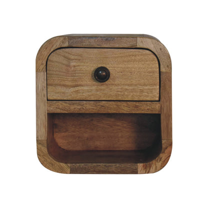 Table de chevet extra-mini en manguier massif teinte naturelle, bords arrondis, tiroir et niche ouverte
