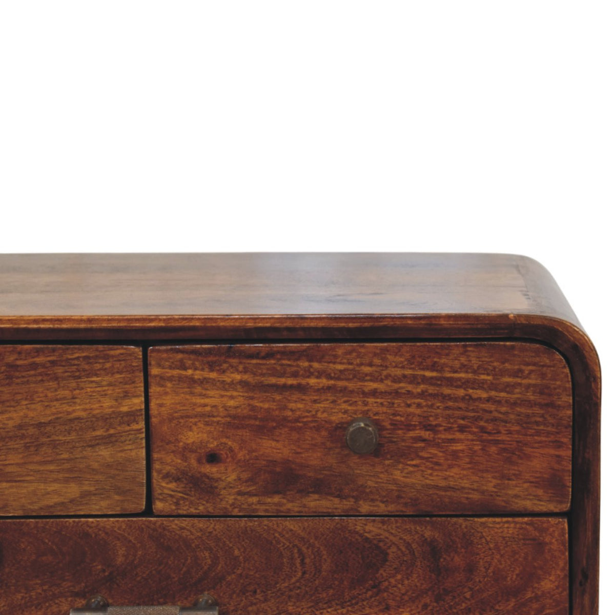 Table de chevet galbée 3 tiroirs en manguier massif – Châtaigne – vue 4