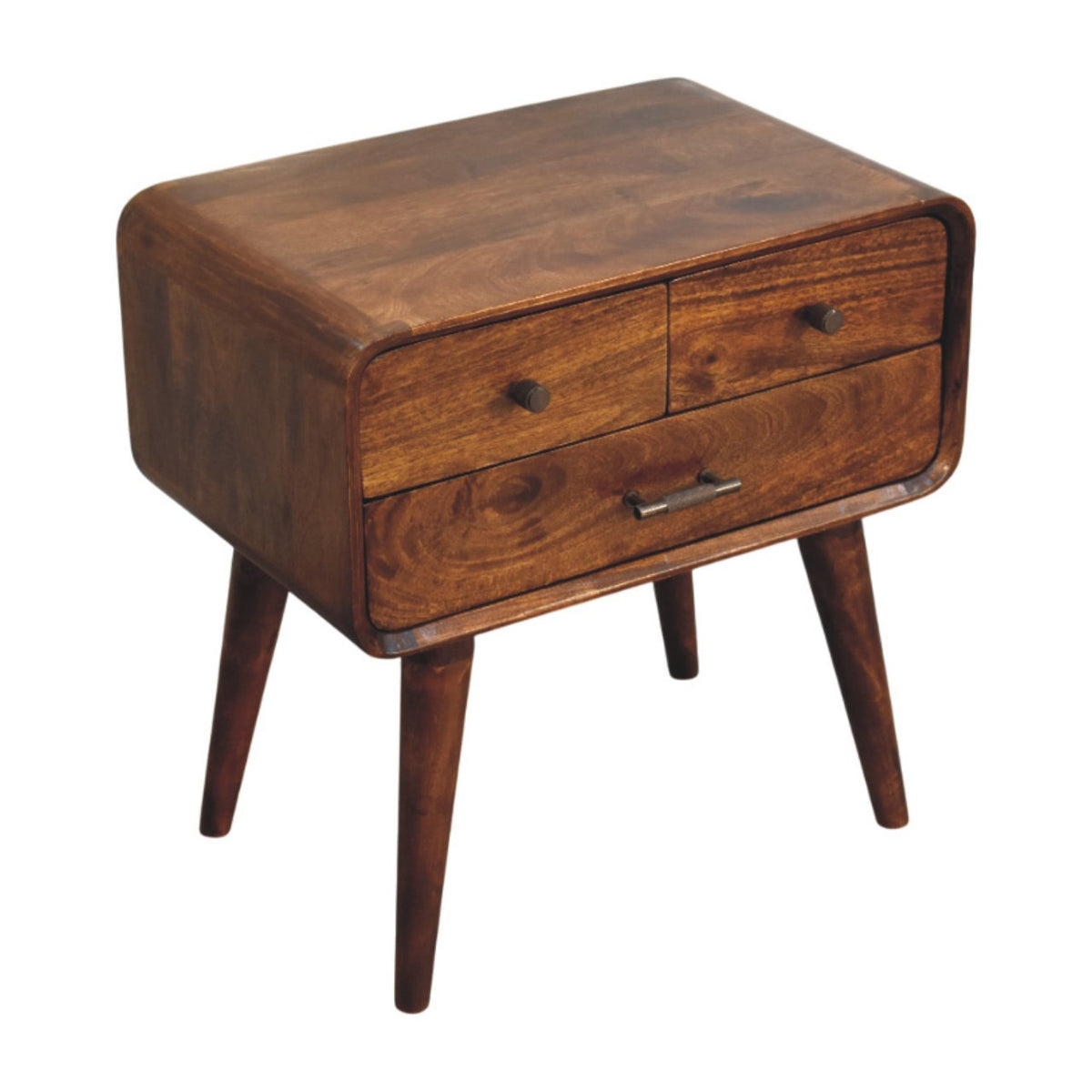 Table de chevet galbée 3 tiroirs en manguier massif – Châtaigne – vue 6