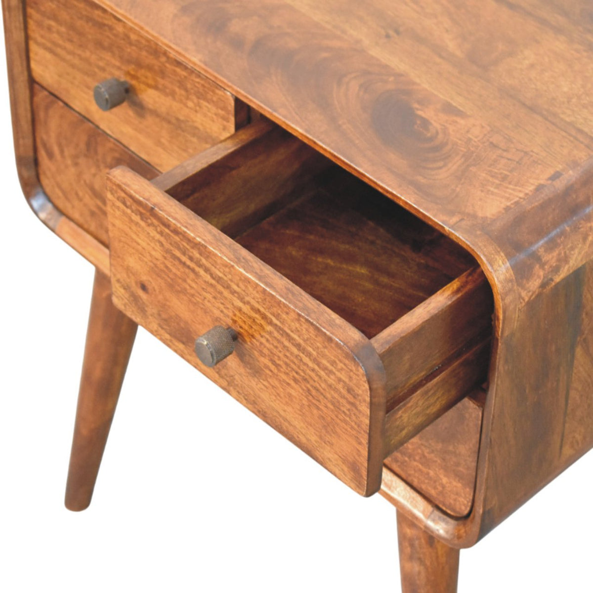 Table de chevet galbée 3 tiroirs en manguier massif – Châtaigne – vue 7