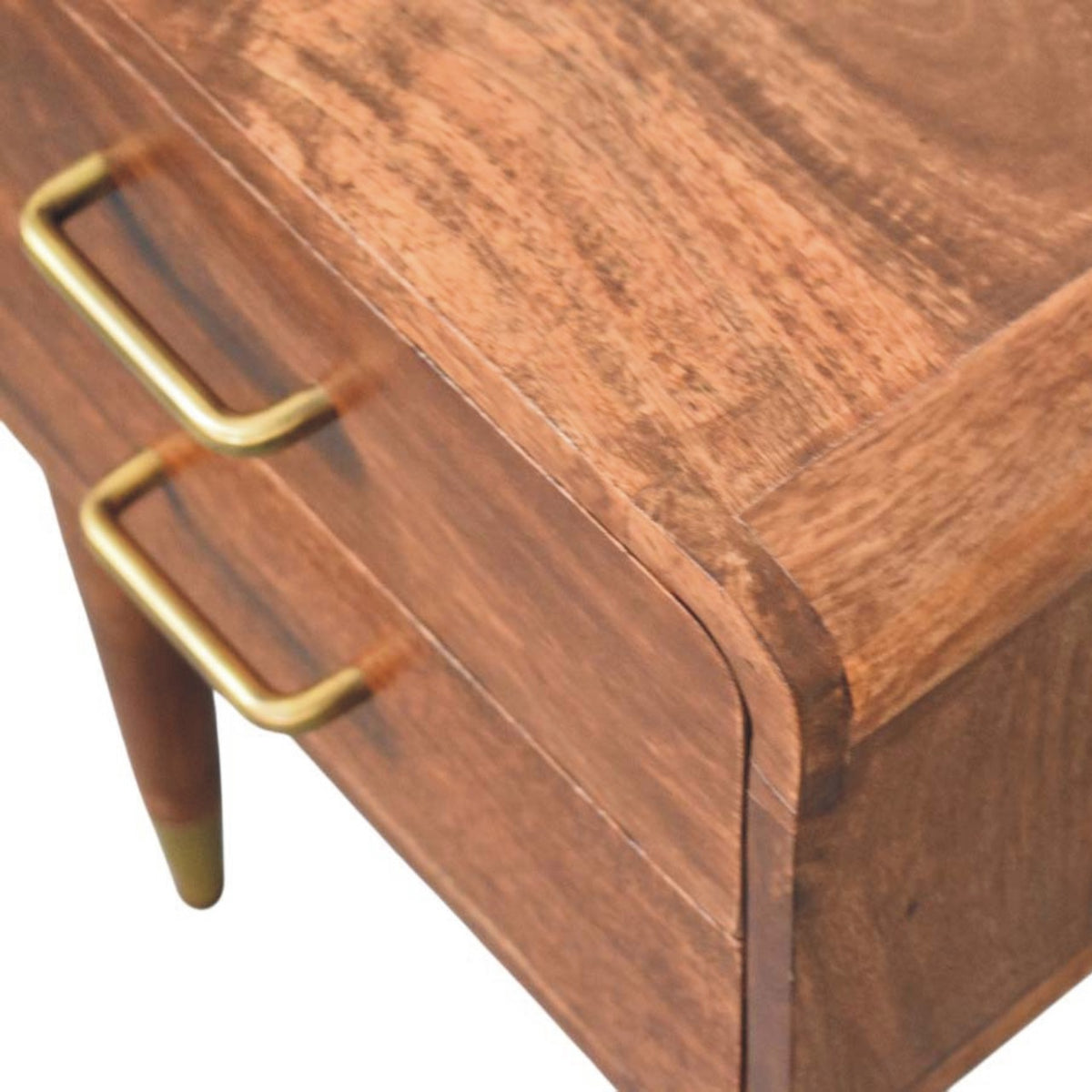 Table de chevet galbée à 2 tiroirs en manguier massif – Amande grillée – vue 5