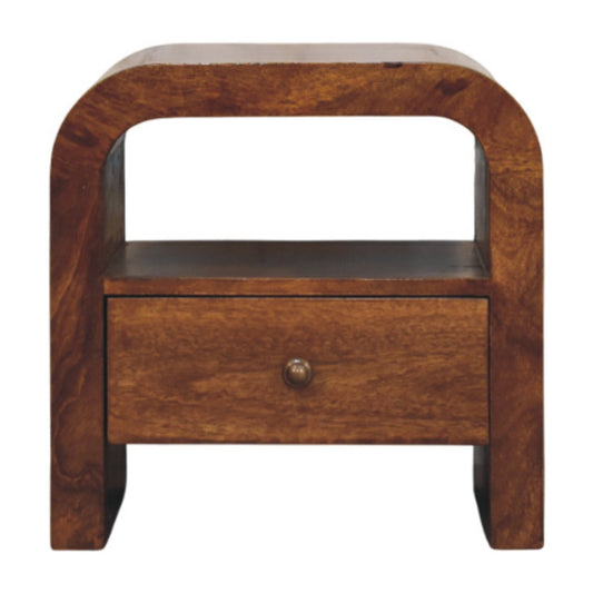 Table de chevet galbée à étagère en manguier massif – Châtaigne – vue 2