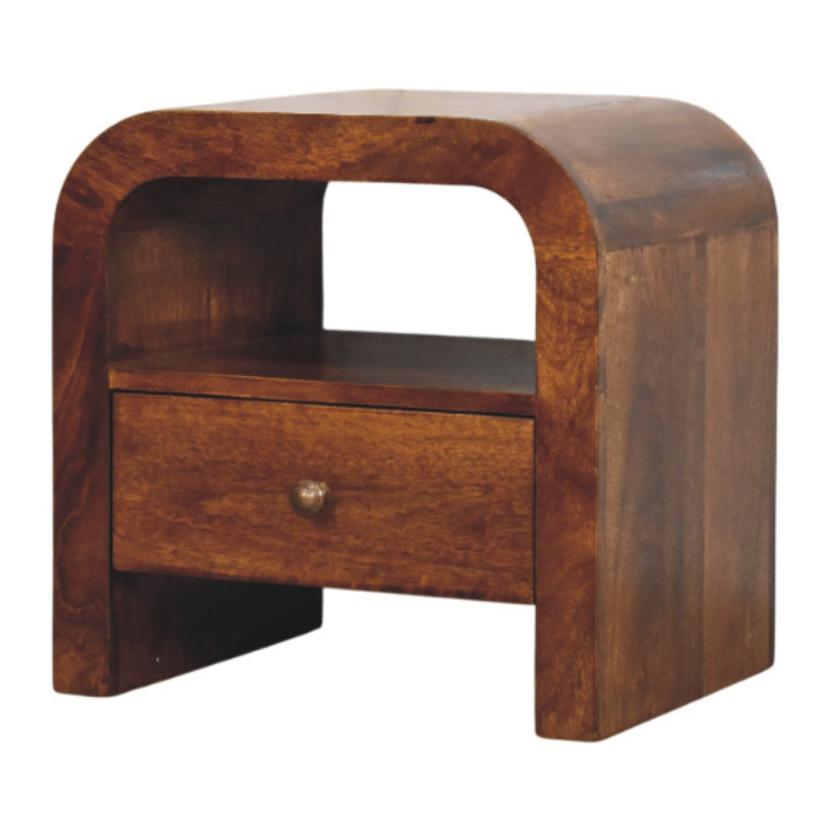 Table de chevet galbée à étagère en manguier massif – Châtaigne – vue 9