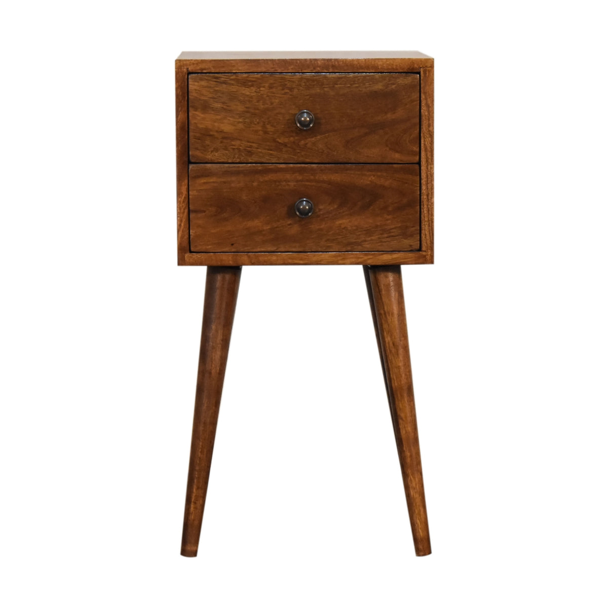 Table de chevet mini en manguier massif teinte châtaigne avec 2 petits tiroirs et 4 pieds scandinaves