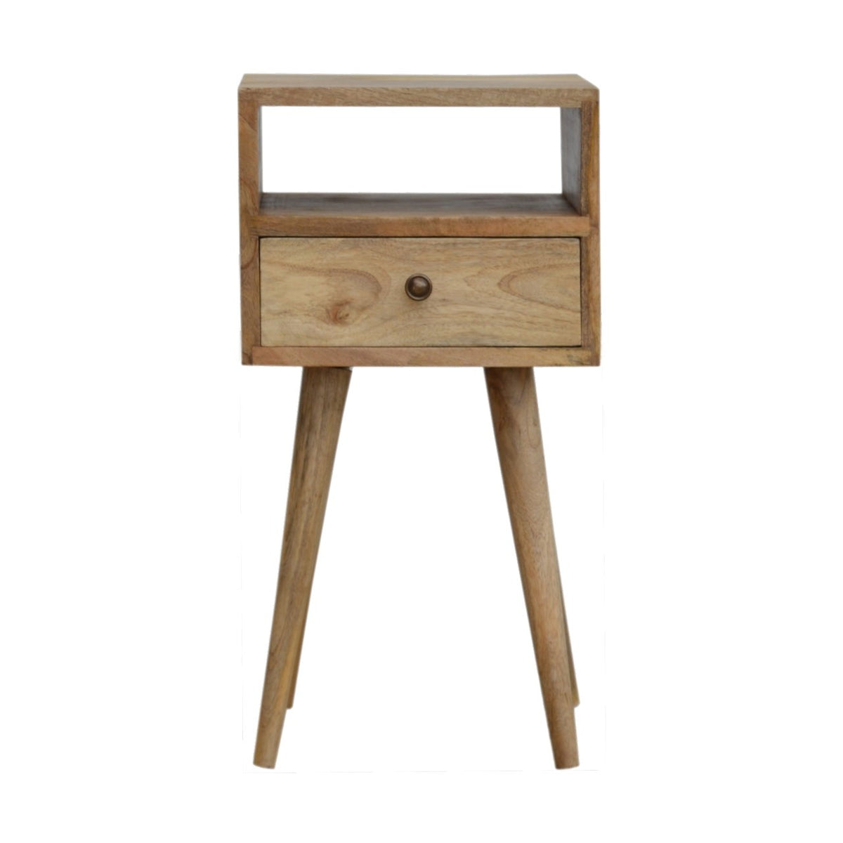 Table de chevet mini en manguier massif teinte naturelle, un petit tiroir et quatre pieds scandinaves