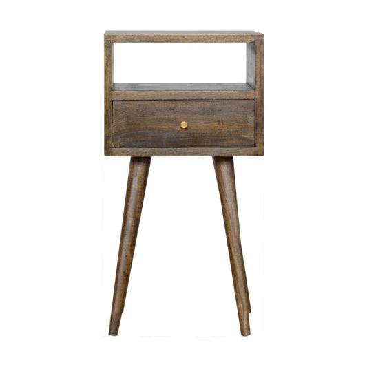 Table de chevet mini en manguier massif teinte grise délavée, tiroir, étagère et 4 pieds scandinaves