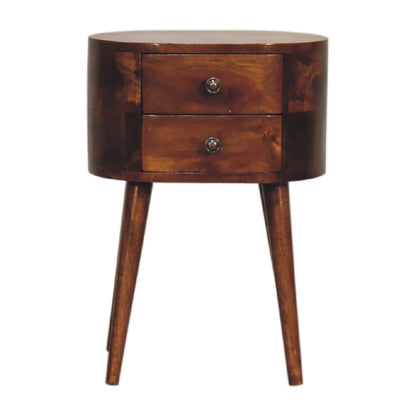 Table de chevet mini arrondie 2 tiroirs en manguier massif – Châtaigne – vue 2