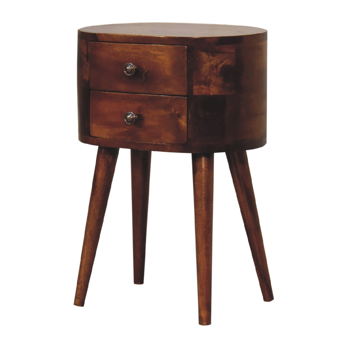 Table de chevet mini arrondie 2 tiroirs en manguier massif – Châtaigne – vue 3