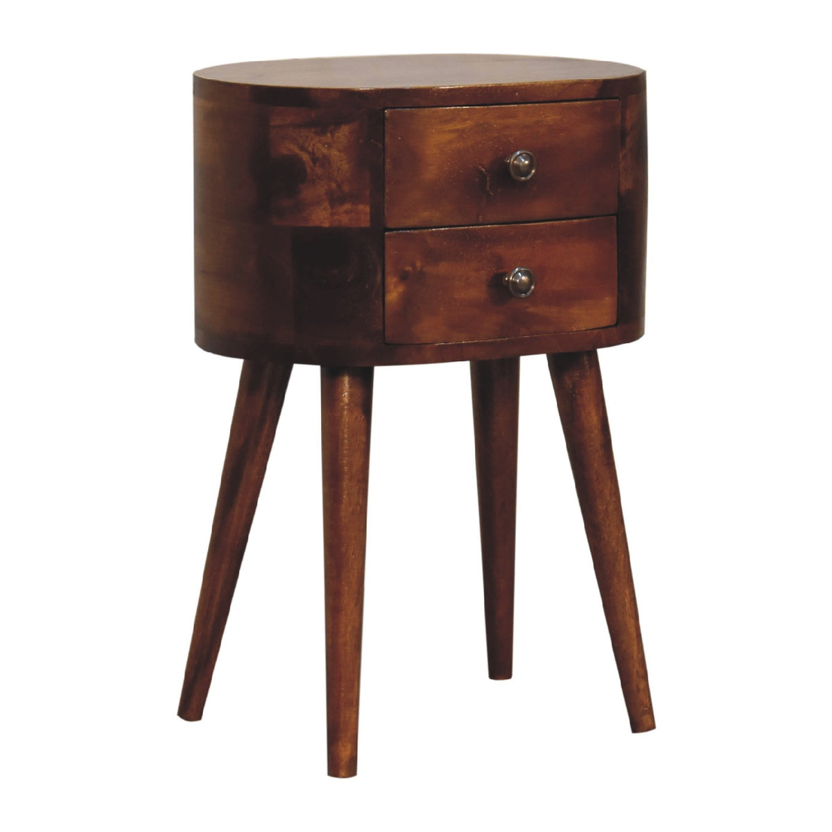 Table de chevet mini arrondie 2 tiroirs en manguier massif – Châtaigne – vue 4