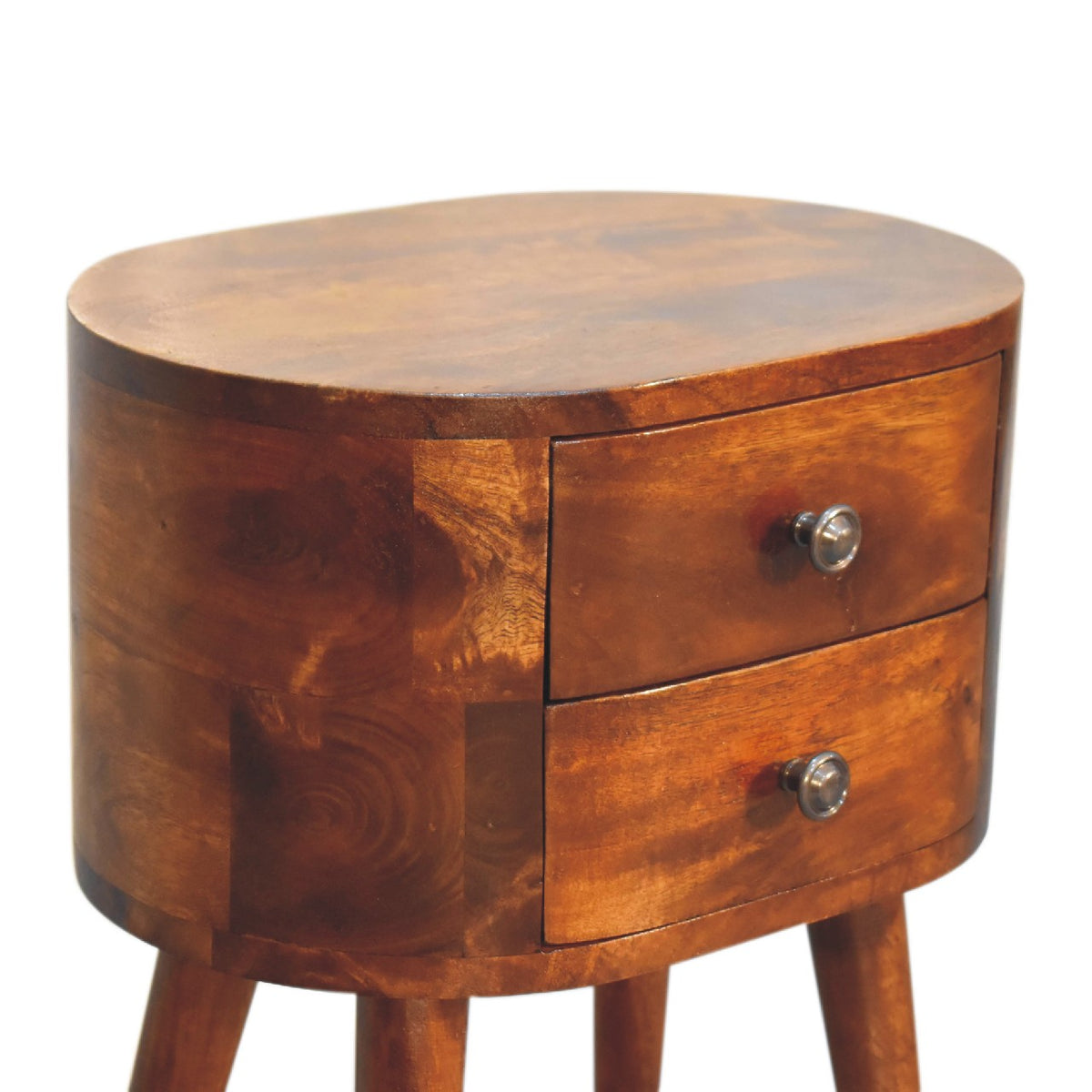 Table de chevet mini arrondie 2 tiroirs en manguier massif – Châtaigne – vue 6