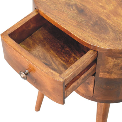 Table de chevet mini arrondie 2 tiroirs en manguier massif – Châtaigne – vue 9