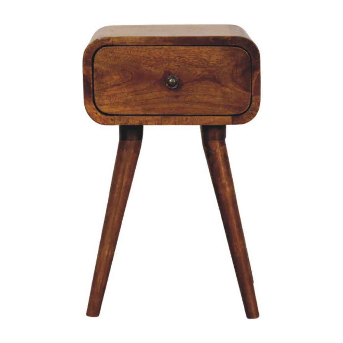 Table de chevet mini en manguier massif teinte châtaigne, un tiroir à bouton discret, pieds fuselés nordiques
