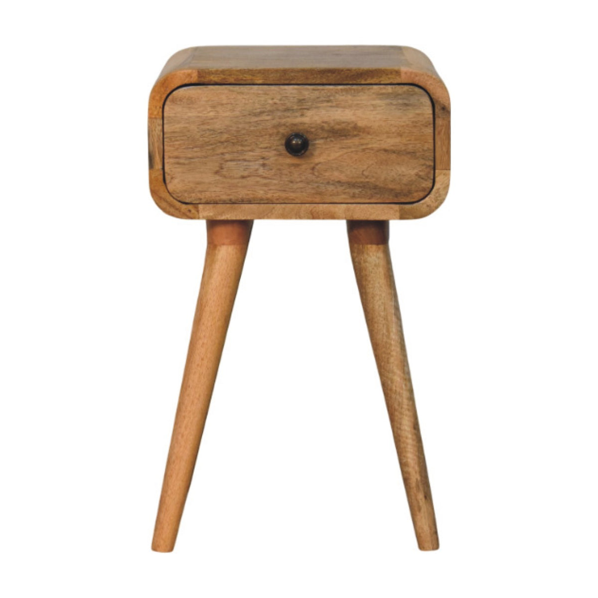 Petite table de chevet en manguier massif teinte naturelle, un tiroir à bouton, pieds fuselés nordiques