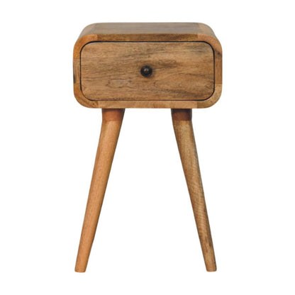 Petite table de chevet en manguier massif teinte naturelle, un tiroir à bouton, pieds fuselés nordiques